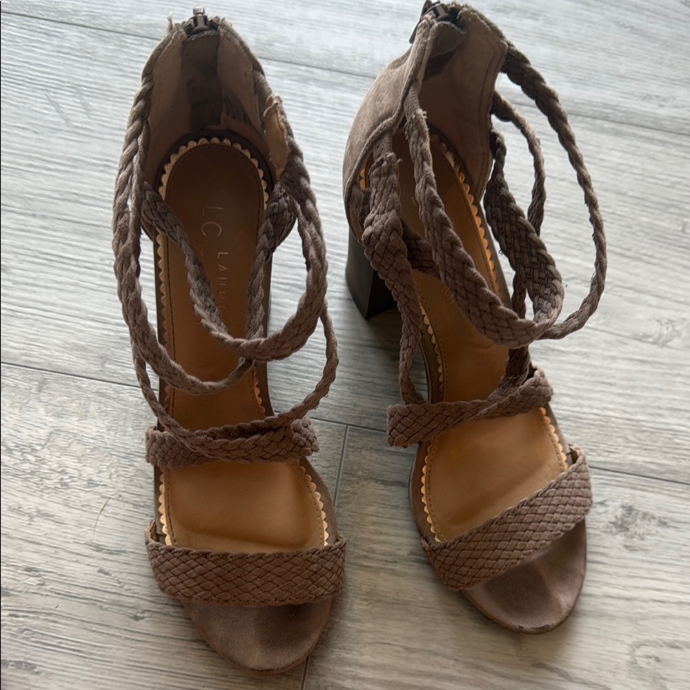Nude Block Heel Sandals with Crisscross Straps - Picture 2 of 6